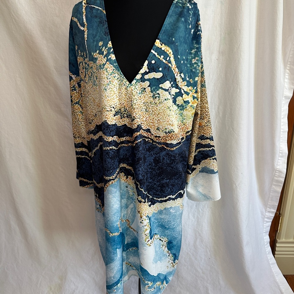 Abstract Blue and Gold Long Sleeve V-Neck Dress